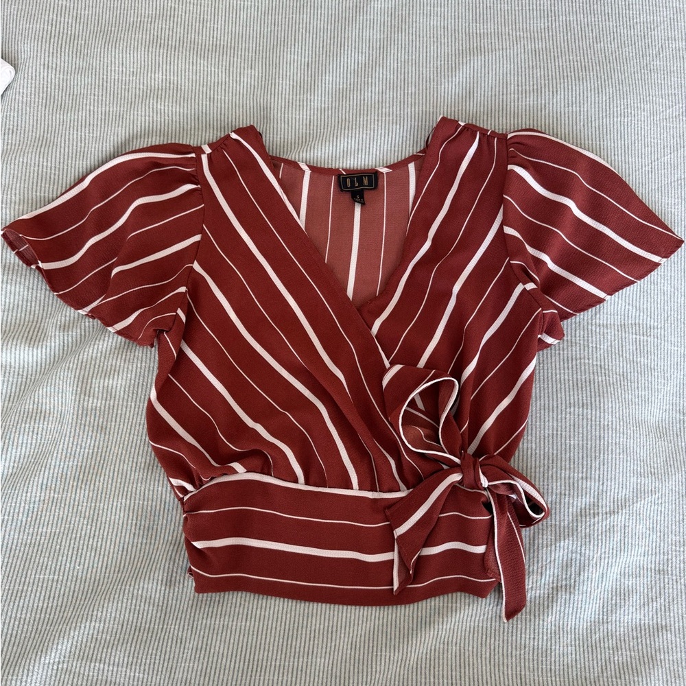 OLM rust striped flutter sleeve wrap blouse
